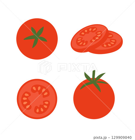 Set of tomatoes. Whole tomatoes, halves, slices. Vector illustration. 129909840