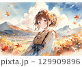 紅葉の山と女性(水彩画風) 129909896