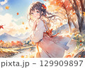紅葉の山と女性(水彩画風) 129909897