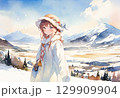 雪山と女性(水彩画風) 129909904