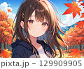 紅葉の山と女性 129909905