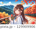 紅葉の山と女性 129909906