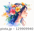 花飾りの女性横顔・水彩画 129909940