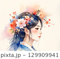 花の髪飾りの女性横顔・和風水彩画 129909941