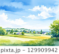 のどかな田園風景・青空と家々の水彩画 129909942