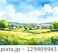 里山の集落と草花・広がる草原の水彩画 129909943