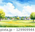 大きな雲と田園の夏・爽やかな空の水彩画 129909944