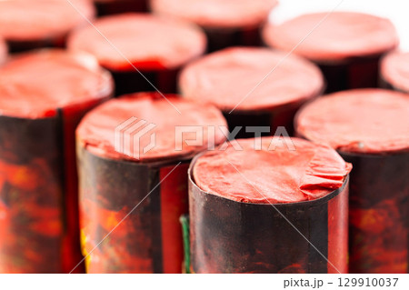 Packaging of flying circoblits fireworks on the table. Safety with pyrotechnics, close-up 129910037