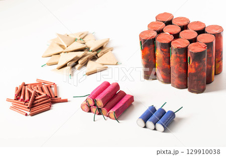 Set of different types of firecrackers and circoblits on a white background. Fireworks Explosion Safety 129910038