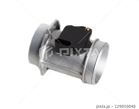 New mass air flow sensor on white background, isolate. Automotive spare part concept, close-up, technology New mass air flow sensor on white background, isolate. Automotive spare part concept, close-up, technology 129910048