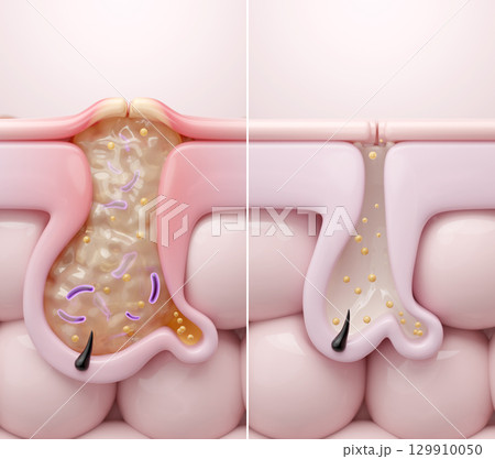 化膿した黄ニキビと正常な毛穴のビフォーアフターCGイラスト 化膿した黄ニキビと正常な毛穴のビフォーアフターCGイラスト 129910050