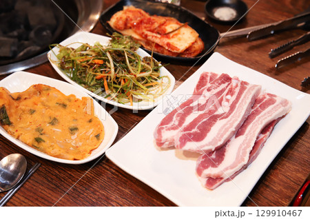 Korean pork barbecue. raw pork belly Korean pork barbecue. raw pork belly 129910467