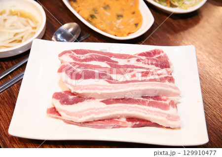 Korean pork barbecue. raw pork belly Korean pork barbecue. raw pork belly 129910477