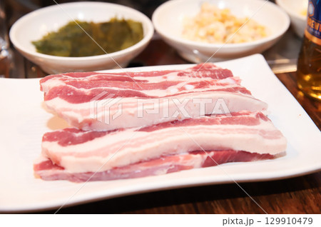 Korean pork barbecue. raw pork belly 129910479