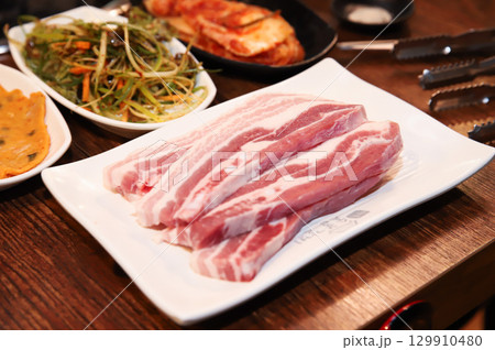 Korean pork barbecue. raw pork belly 129910480