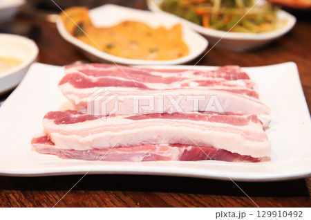 Korean pork barbecue. raw pork belly 129910492