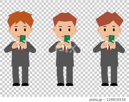 一位身穿灰色西裝的年輕人正在操作智慧型手機 129910538