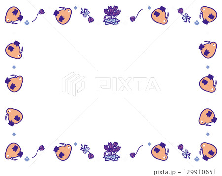 ころころ回転するキーウィと紫色シクラメンのフレームイラスト 129910651