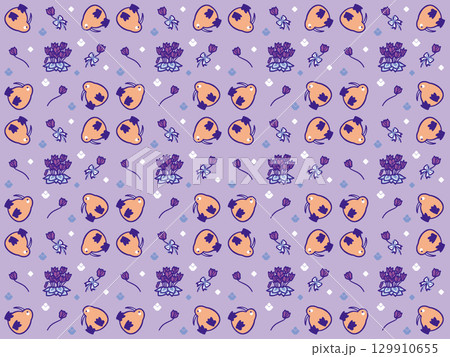 背景付きころころ回転するキーウィと紫色シクラメンのパターンイラスト 129910655
