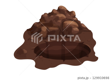 Soil pile, ground heap with hole design element. Organic farming garden compost, dirt. Gardening. Brown mud or turf, clay.  129910698