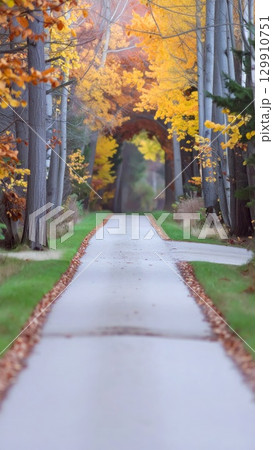 Pathway with Autumn Leaves and Golden Canopy in a Calm Natural Landscape 129910751