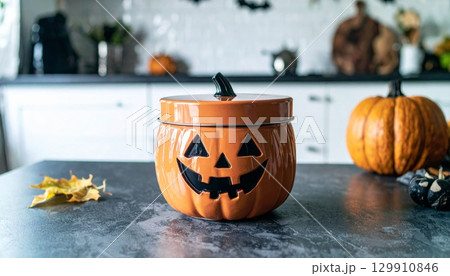 Ceramic Orange Jack O'Lantern Container on a Kitchen Counter for Halloween Decoration 129910846