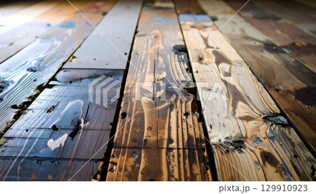 Wet Glossy Wooden Planks Arranged in an Indoor Floor with Beautiful Wood Grain 129910923