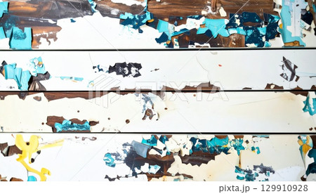 Abstract White and Turquoise Paint on Weathered Wooden Planks Background Texture 129910928