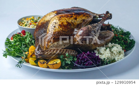 Festive Roasted Turkey Dish with Colorful Vegetables on White Platter for Celebration 129910954