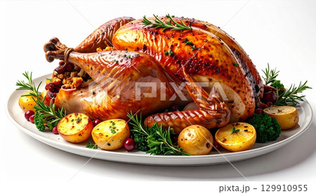 Roasted Turkey with Potatoes and Brocoli Holiday Festive Meal on White Background 129910955