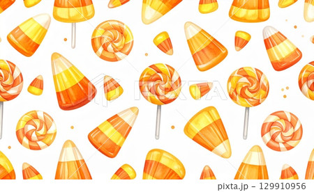 Seamless Halloween Candy Corn Pattern with Orange and Yellow Lollipops on White Seamless Halloween Candy Corn Pattern with Orange and Yellow Lollipops on White 129910956