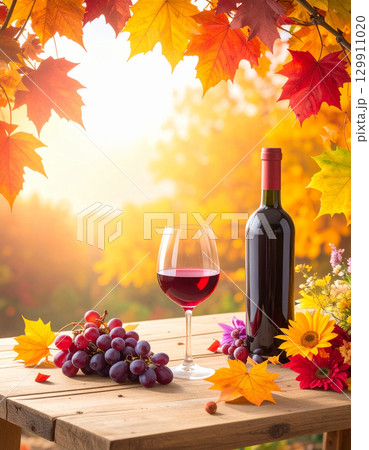 紅葉とワインとブドウの収穫の秋のイメージ 129911020