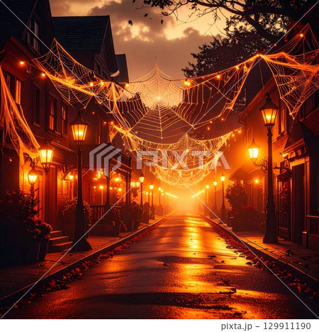 Festive Nighttime Street Scene with Warm Lighting and Architectural Buildings in Hazy Weather 129911190