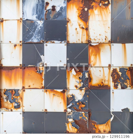 Checkered Black and White Metal Paneling Showing Surface Rust and Corrosion 129911196