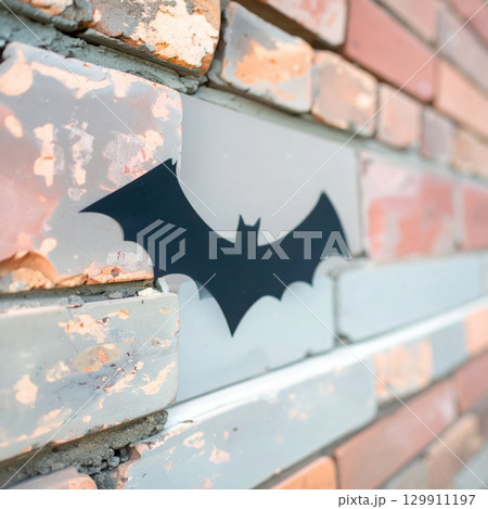 Black Bat Silhouette on a Brick Wall in an Urban Outdoor Setting Closeup 129911197