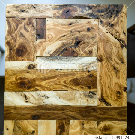 Detailed Close Up Of A Wooden Parquet Table Top With Natural Wood Grain 129911246