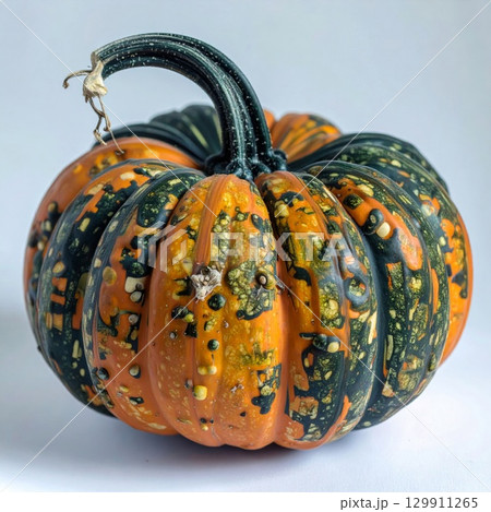 Close Up of an Orange and Black Speckled Decorative Gourd Against White Background Close Up of an Orange and Black Speckled Decorative Gourd Against White Background 129911265
