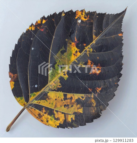 Close Up of Decaying Autumn Leaf with Black and Yellow Spots on White Backdrop 129911283