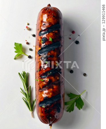Grilled Sausage with Rosemary and Parsley on White Background Studio Shot 129911466
