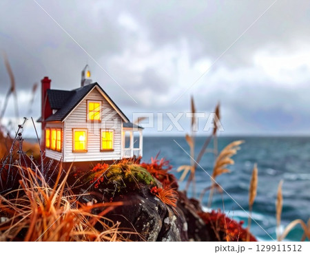 Miniature Coastal House with Red Roof on Cliffside Overlooking the Ocean on Overcast Day 129911512