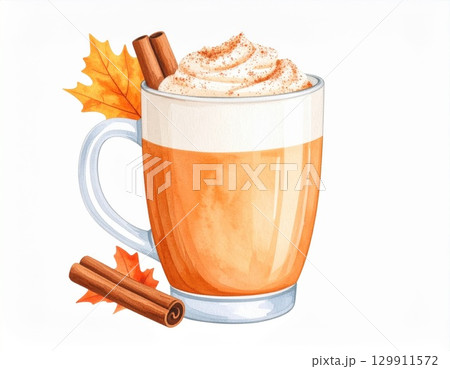 Pumpkin Spice Latte with Whipped Cream and Cinnamon Sticks on White Background 129911572