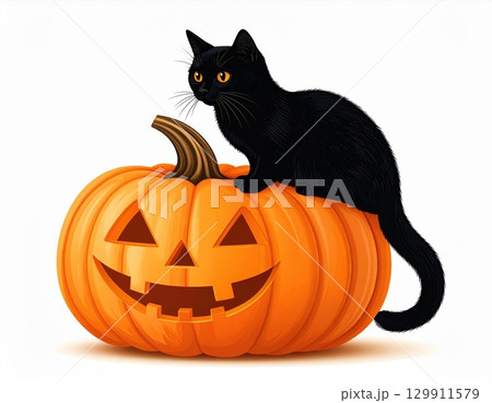 Black Cat Sitting on an Orange Halloween Pumpkin on a White Background with Festive Theme Black Cat Sitting on an Orange Halloween Pumpkin on a White Background with Festive Theme 129911579