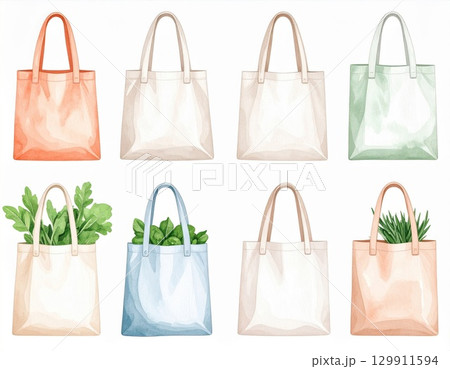 Tote Bags Grouped in Various Pastel Colors with Plants Minimalist White Background 129911594