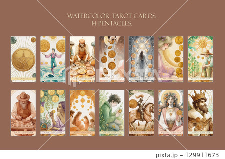 Tarot Card Suit of Pentacles Minor Arcana. Watercolor Floral Illustrations, Set of 14. 129911673