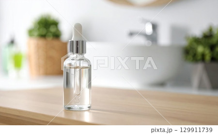 Clear Glass Dropper Bottle Displayed on Wooden Counter in Bright Bathroom 129911739