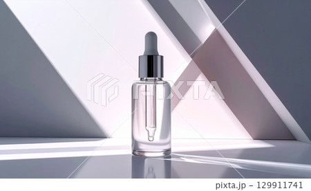 Cosmetic Serum in Clear Glass Bottle with Dropper on Shiny White Surface 129911741
