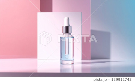 Serum Bottle with Dropper on Geometric Background in Pink Blue and White Setting 129911742