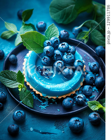 Homemade mini tart with blueberry and whipped cream. Delicious desserts. AI Generated. 129911786