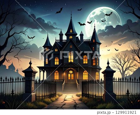 Mysterious Halloween Haunted House with Bats Flying Under Full Moon in Dark Sky 129911921