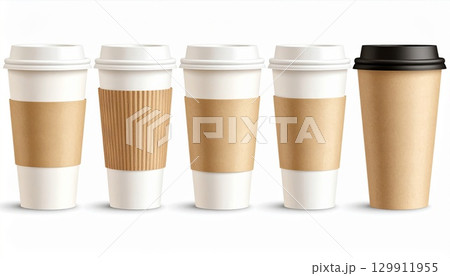 Five Paper Coffee Cups with Lids and Sleeves in a Row on White Background 129911955